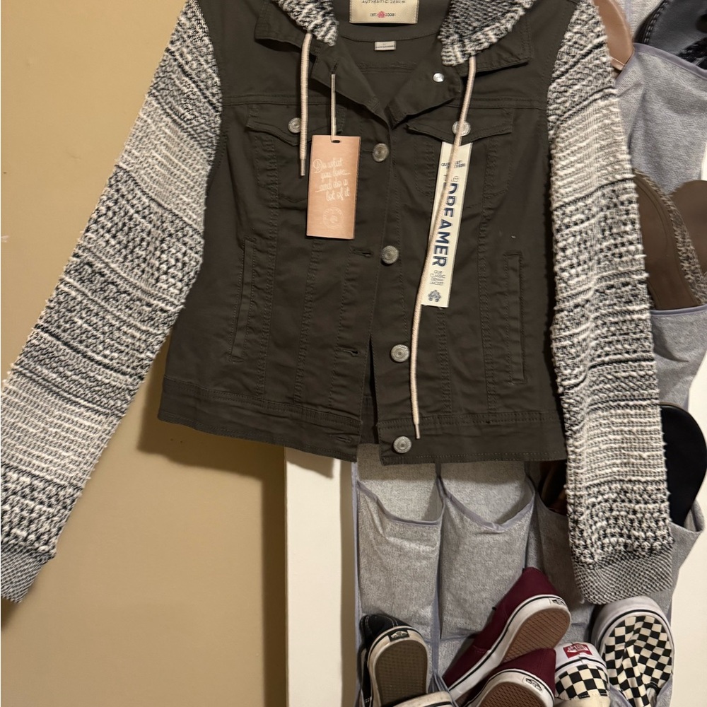 Wallflower Kids Jean Jacket with Knit Sleeves - Black and White